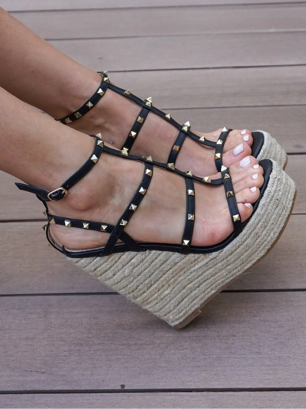 Studded Black T-Strap Espadrille Wedge Sandals
